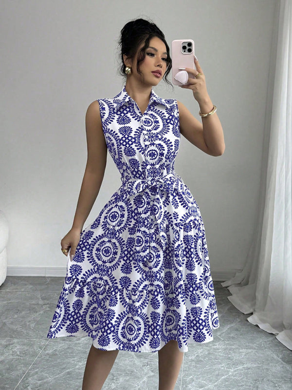 Fashionable off-shoulder waist-binding blue printed sleeveless dress-[Adult]-[Female]-Blue-S-2022 Online Blue Zone Planet