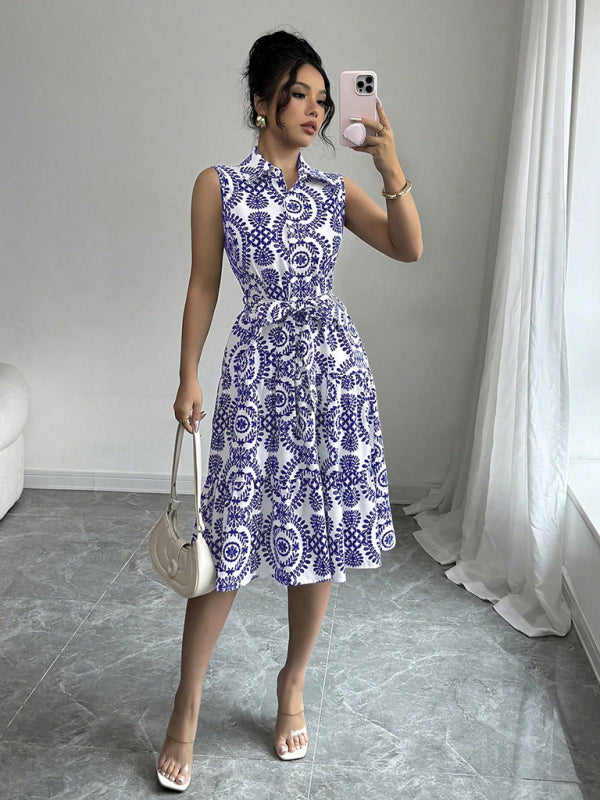 Fashionable off-shoulder waist-binding blue printed sleeveless dress-[Adult]-[Female]-2022 Online Blue Zone Planet