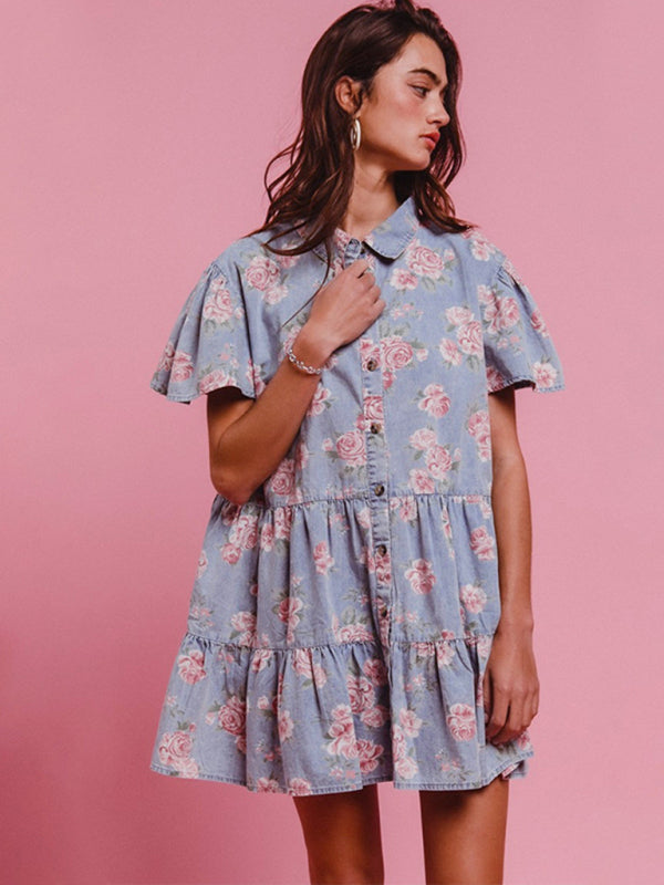 Light blue floral print denim A-line lapel shirt dress-[Adult]-[Female]-Clear blue-S-2022 Online Blue Zone Planet