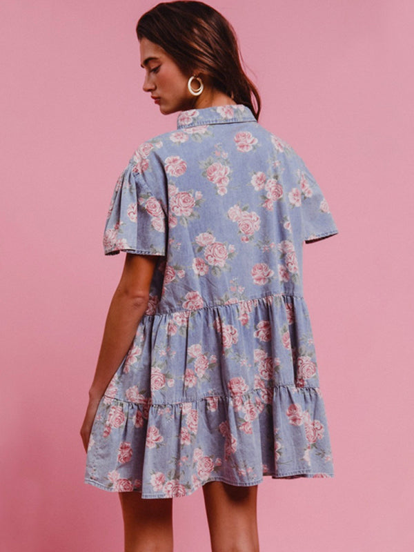 Light blue floral print denim A-line lapel shirt dress-[Adult]-[Female]-2022 Online Blue Zone Planet
