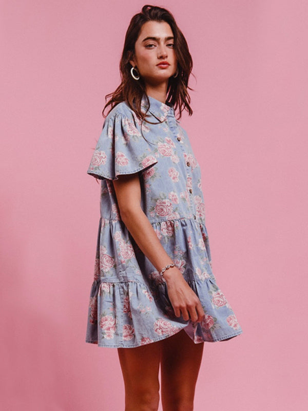 Light blue floral print denim A-line lapel shirt dress-[Adult]-[Female]-2022 Online Blue Zone Planet
