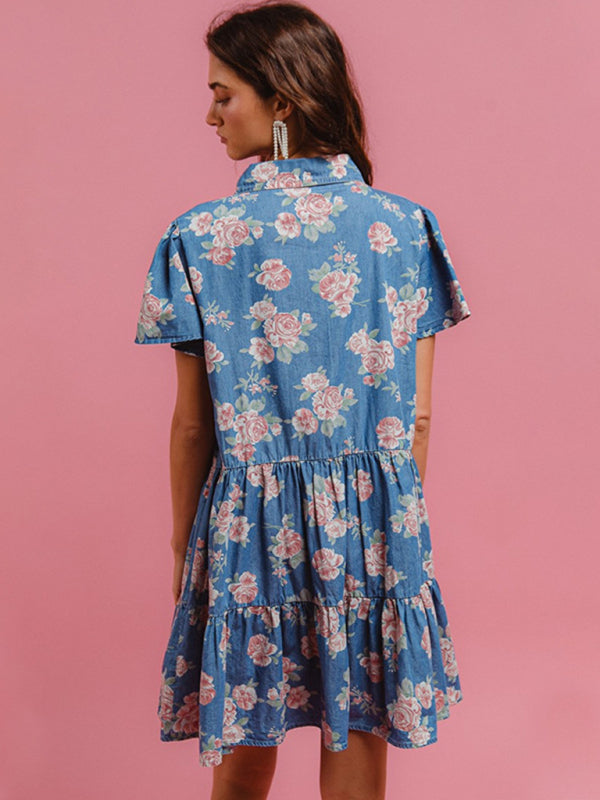 Blue Floral Print Denim A-Line Lapel Shirt Dress-[Adult]-[Female]-2022 Online Blue Zone Planet