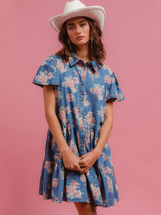 Blue Floral Print Denim A-Line Lapel Shirt Dress-[Adult]-[Female]-Blue-S-2022 Online Blue Zone Planet