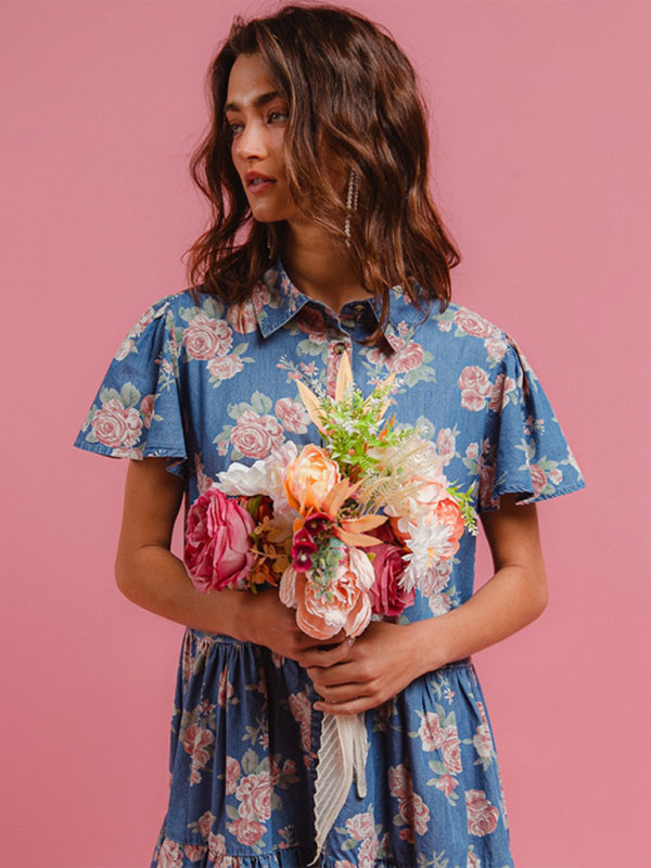 Blue Floral Print Denim A-Line Lapel Shirt Dress-[Adult]-[Female]-2022 Online Blue Zone Planet