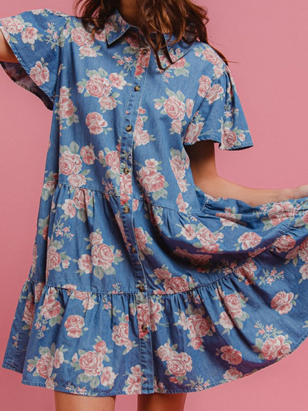 Blue Floral Print Denim A-Line Lapel Shirt Dress-[Adult]-[Female]-2022 Online Blue Zone Planet