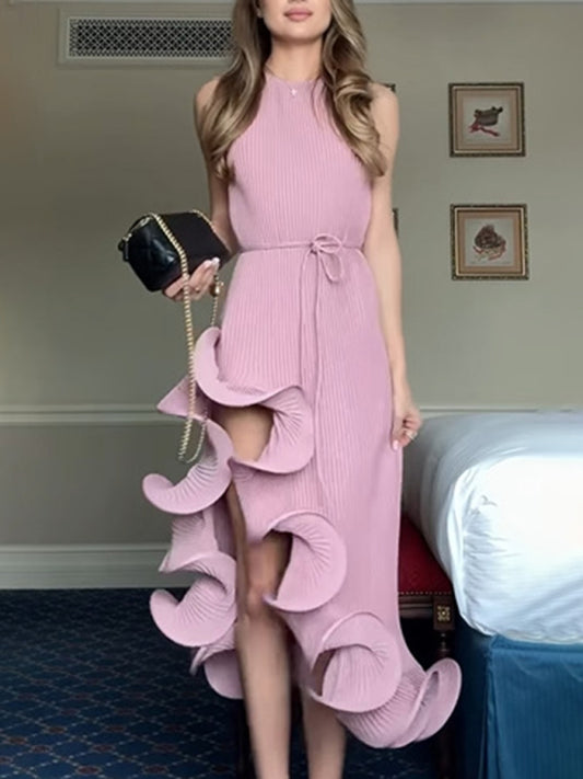 Sexy sleeveless dress with irregular ruffles-TOPS / DRESSES-[Adult]-[Female]-Pink-S-2022 Online Blue Zone Planet