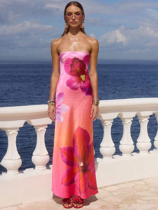 Flower Print Sexy Slightly Stretch Tube Top Long Dress-TOPS / DRESSES-[Adult]-[Female]-Red-S-2022 Online Blue Zone Planet
