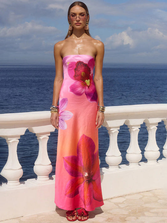 Flower Print Sexy Slightly Stretch Tube Top Long Dress-TOPS / DRESSES-[Adult]-[Female]-Red-S-2022 Online Blue Zone Planet