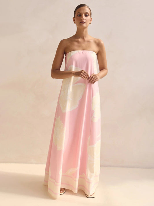 Sexy strapless off-shoulder pink printed dress-TOPS / DRESSES-[Adult]-[Female]-Pink-S-2022 Online Blue Zone Planet