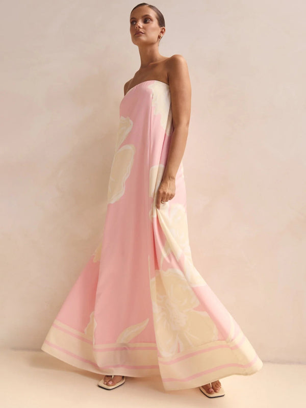 Sexy strapless off-shoulder pink printed dress-TOPS / DRESSES-[Adult]-[Female]-2022 Online Blue Zone Planet