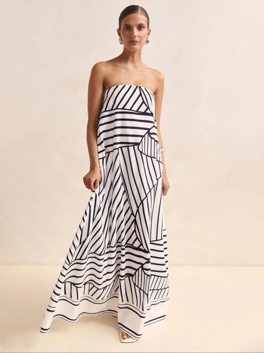 Sexy strapless black striped print dress-TOPS / DRESSES-[Adult]-[Female]-Black-S-2022 Online Blue Zone Planet