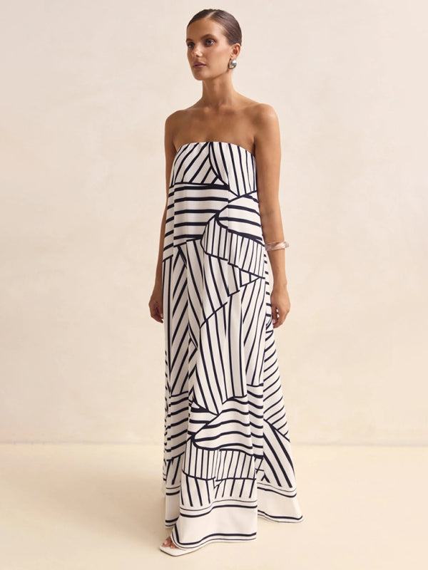 Sexy strapless black striped print dress-TOPS / DRESSES-[Adult]-[Female]-2022 Online Blue Zone Planet
