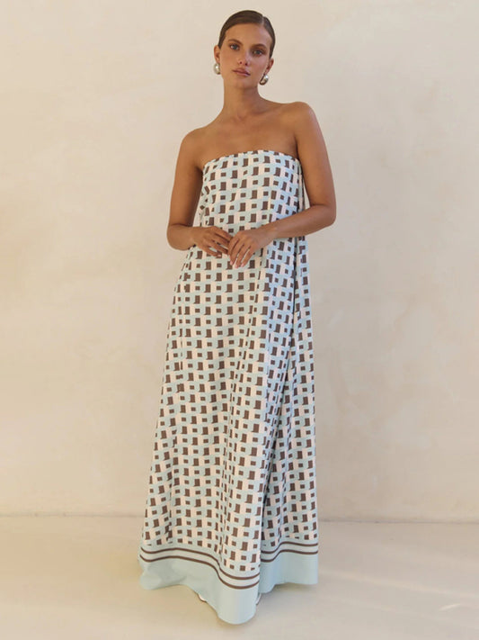 Sexy strapless off-shoulder brown checkered print dress-TOPS / DRESSES-[Adult]-[Female]-Brown-S-2022 Online Blue Zone Planet