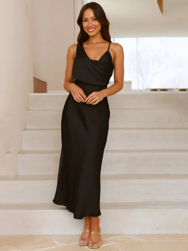 Women's solid color satin satin suspender sexy dress-TOPS / DRESSES-[Adult]-[Female]-Black-S-2022 Online Blue Zone Planet