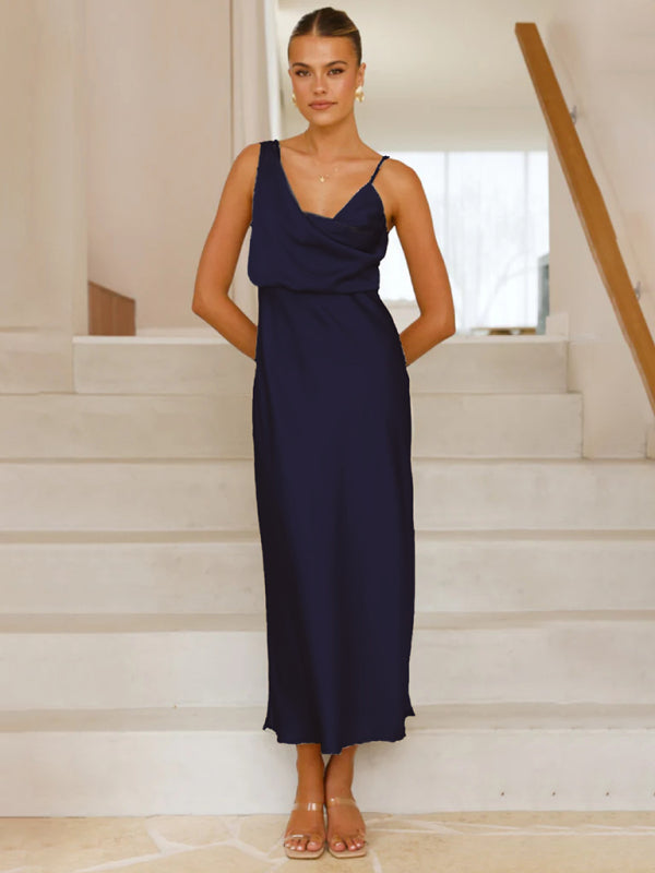 Women's solid color satin satin suspender sexy dress-TOPS / DRESSES-[Adult]-[Female]-Purplish blue navy-S-2022 Online Blue Zone Planet
