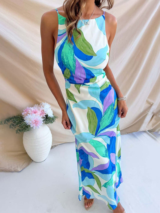 Fashion Printed Sleeveless Backless Dress-TOPS / DRESSES-[Adult]-[Female]-Acid blue-S-2022 Online Blue Zone Planet