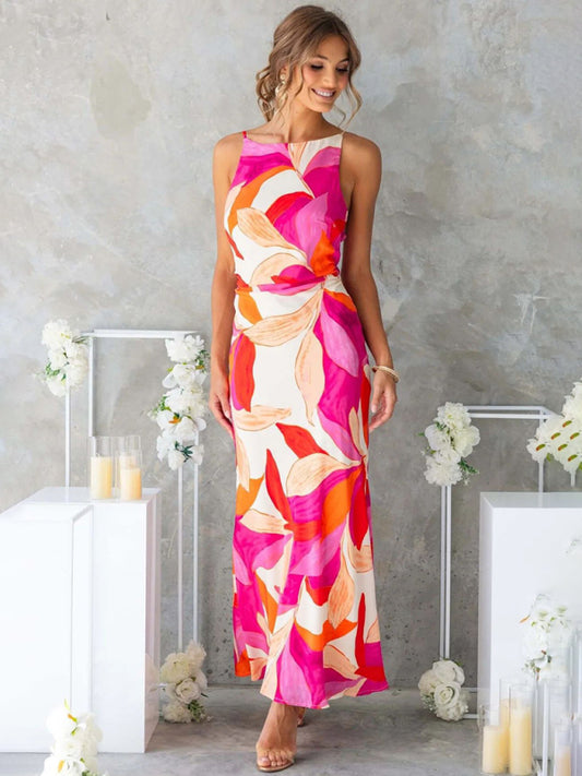 Fashionable leaf print sleeveless backless dress-TOPS / DRESSES-[Adult]-[Female]-Red-S-2022 Online Blue Zone Planet