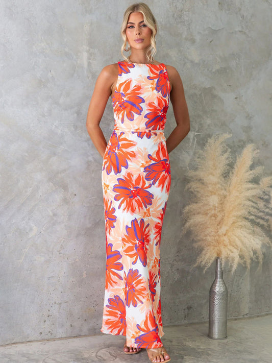 Fashion Orange Floral Print Sleeveless Backless Dress-TOPS / DRESSES-[Adult]-[Female]-Orange-S-2022 Online Blue Zone Planet