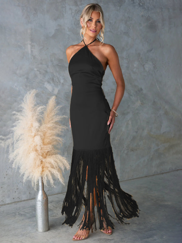 Solid Color Off-the-shoulder Tassel Bodycon Dress-TOPS / DRESSES-[Adult]-[Female]-Black-S-2022 Online Blue Zone Planet