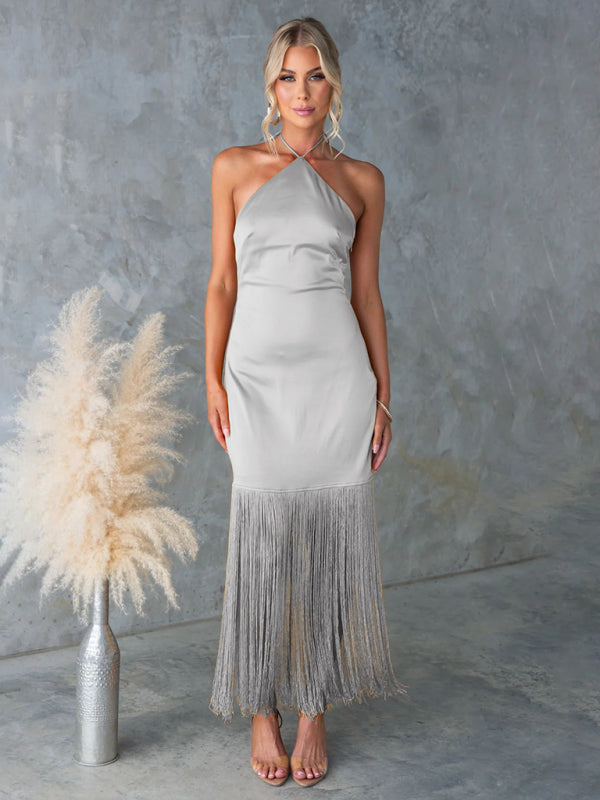 Solid Color Off-the-shoulder Tassel Bodycon Dress-TOPS / DRESSES-[Adult]-[Female]-Silver grey-S-2022 Online Blue Zone Planet