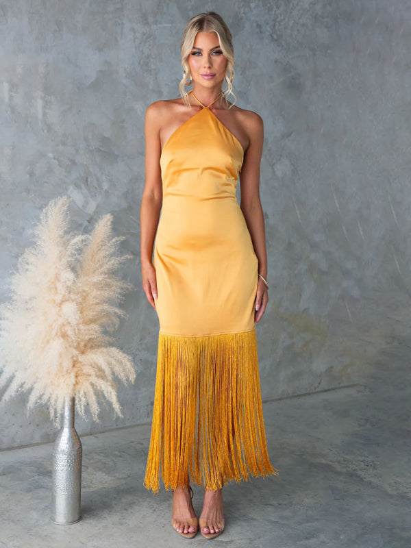 Solid Color Off-the-shoulder Tassel Bodycon Dress-TOPS / DRESSES-[Adult]-[Female]-Yellow-S-2022 Online Blue Zone Planet