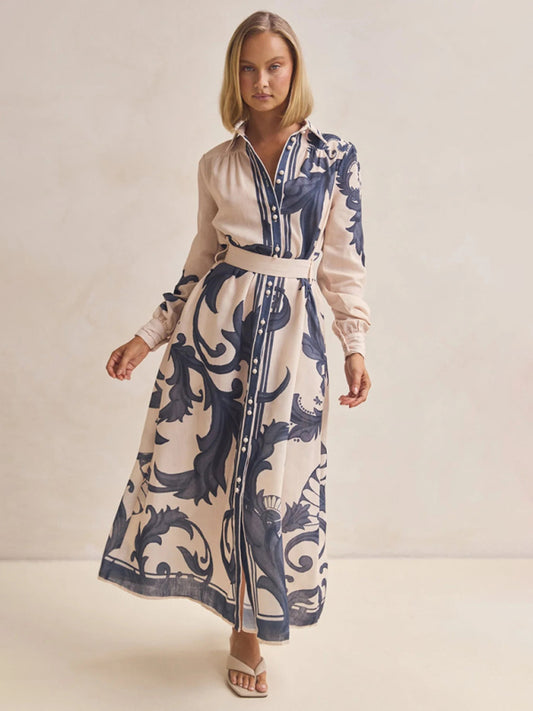 Fashion Print Belt Loose Retro Dress-TOPS / DRESSES-[Adult]-[Female]-Cracker khaki-S-2022 Online Blue Zone Planet