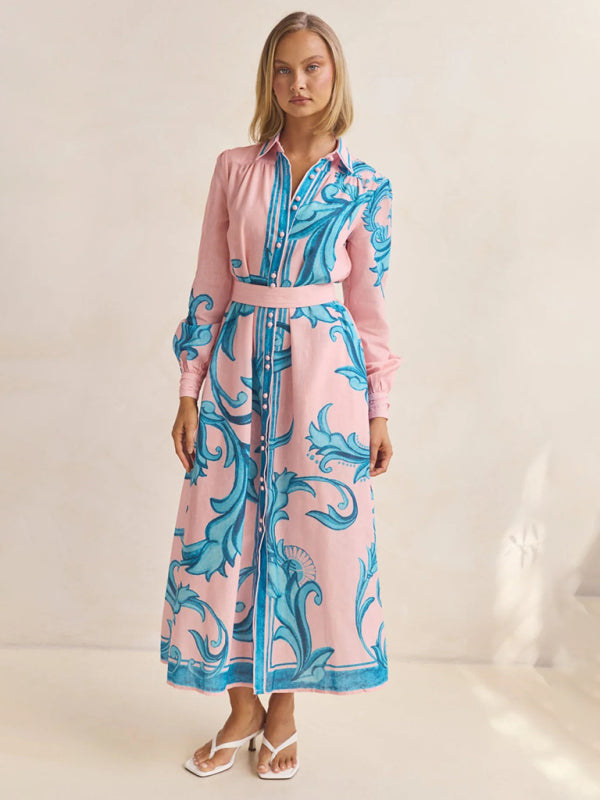 Fashion Print Belt Loose Retro Dress-TOPS / DRESSES-[Adult]-[Female]-Pink-S-2022 Online Blue Zone Planet