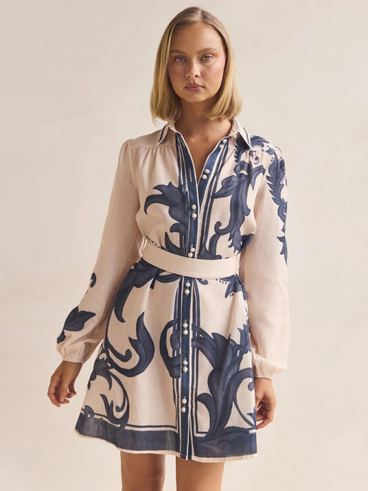 Fashion Printed Belt Loose Retro Short Sleeve Dress-TOPS / DRESSES-[Adult]-[Female]-Cracker khaki-S-2022 Online Blue Zone Planet