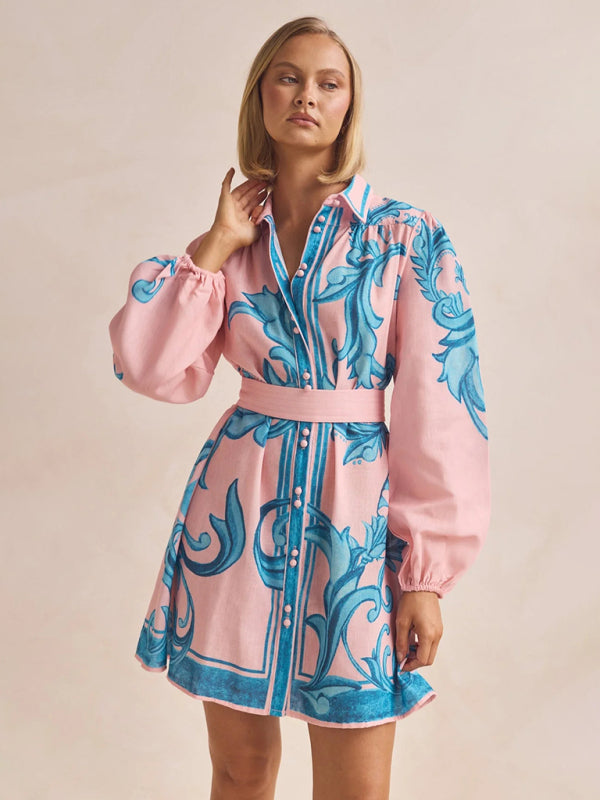 Fashion Printed Belt Loose Retro Short Sleeve Dress-TOPS / DRESSES-[Adult]-[Female]-Pink-S-2022 Online Blue Zone Planet