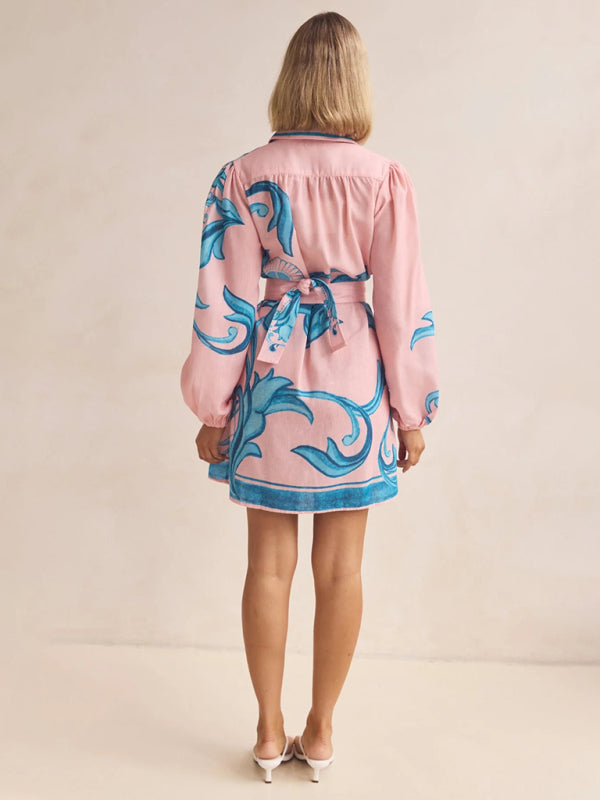 Fashion Printed Belt Loose Retro Short Sleeve Dress-TOPS / DRESSES-[Adult]-[Female]-2022 Online Blue Zone Planet