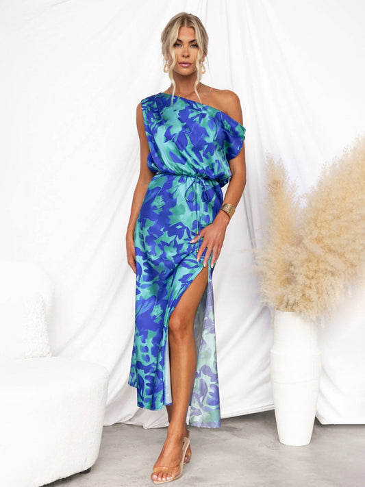 Blue Sleeveless Printed Dress with Slit Hem-TOPS / DRESSES-[Adult]-[Female]-Blue-S-2022 Online Blue Zone Planet
