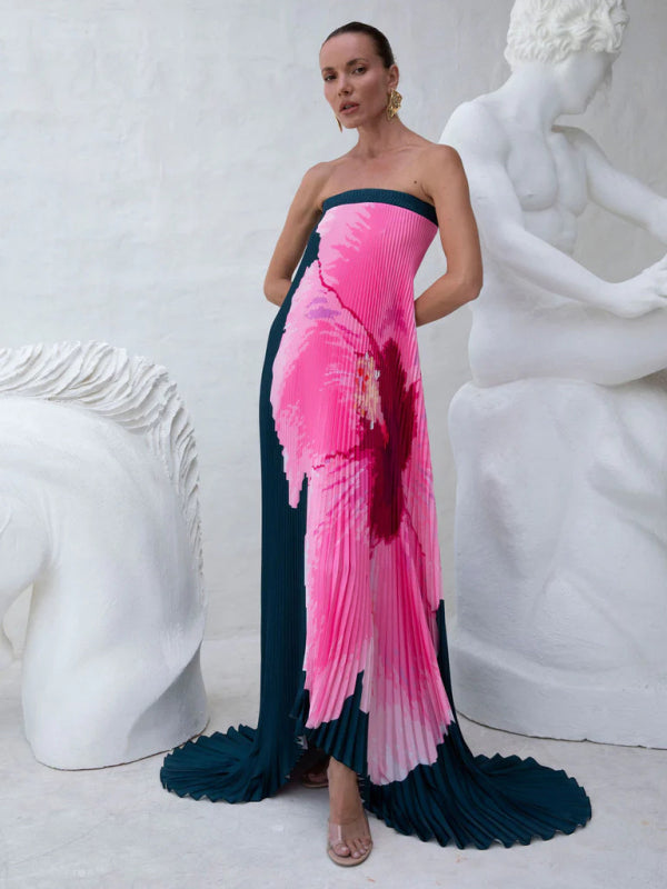 Pleated Positioning Printed Bandeau Swing Dress-TOPS / DRESSES-[Adult]-[Female]-Black-S-2022 Online Blue Zone Planet