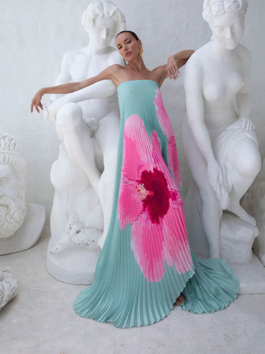 Pleated Positioning Printed Bandeau Swing Dress-TOPS / DRESSES-[Adult]-[Female]-Spearmint viridis-S-2022 Online Blue Zone Planet