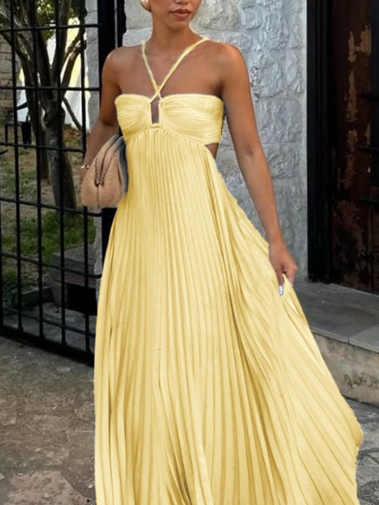 Solid Color Bandeau Pleated Sleeveless Suspender Dress-TOPS / DRESSES-[Adult]-[Female]-Yellow-S-2022 Online Blue Zone Planet