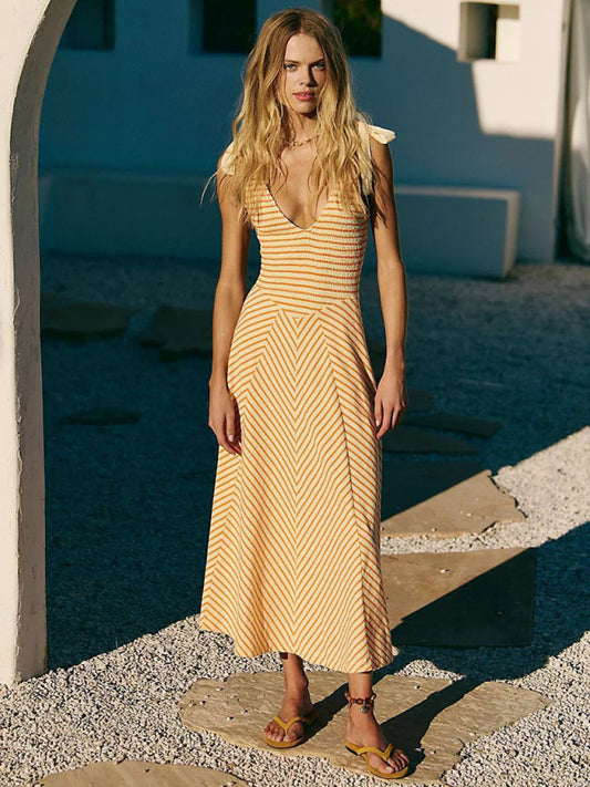 Holiday style backless lace-up sexy low-cut V-neck dress-TOPS / DRESSES-[Adult]-[Female]-Yellow-S-2022 Online Blue Zone Planet