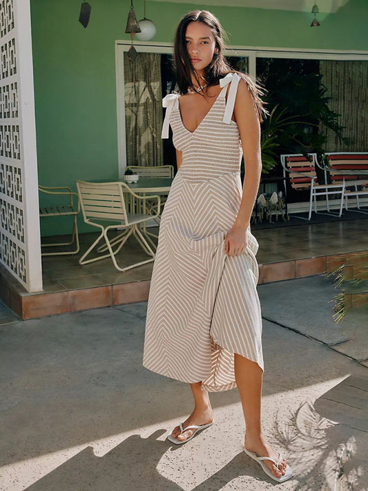Light grey striped holiday style backless lace-up sexy low-cut V-neck dress-TOPS / DRESSES-[Adult]-[Female]-Misty grey-S-2022 Online Blue Zone Planet