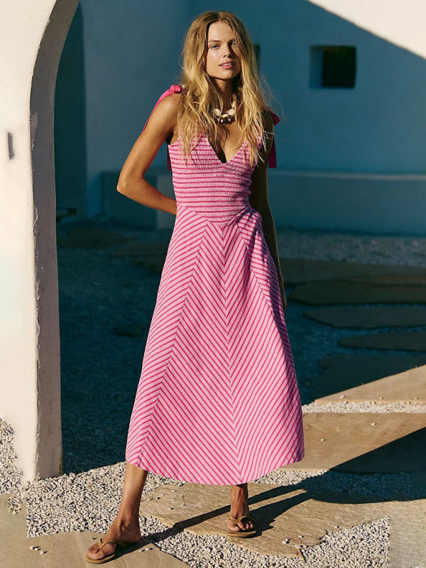 Rose red striped holiday style backless lace-up sexy low-cut V-neck dress-TOPS / DRESSES-[Adult]-[Female]-2022 Online Blue Zone Planet
