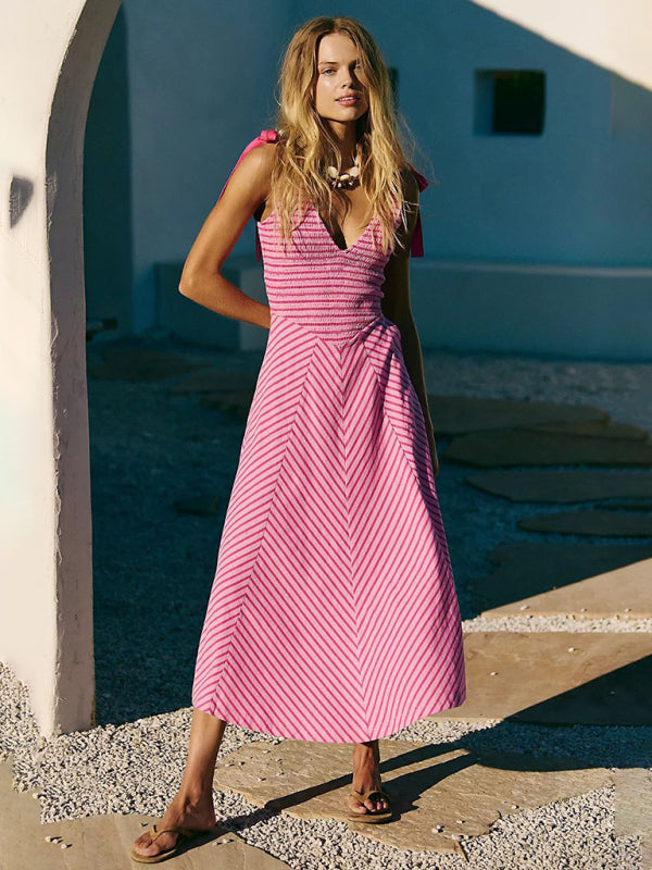 Rose red striped holiday style backless lace-up sexy low-cut V-neck dress-TOPS / DRESSES-[Adult]-[Female]-Rose-S-2022 Online Blue Zone Planet