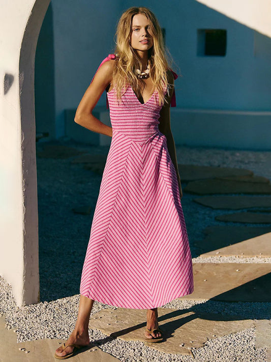 Rose red striped holiday style backless lace-up sexy low-cut V-neck dress-TOPS / DRESSES-[Adult]-[Female]-Rose-S-2022 Online Blue Zone Planet