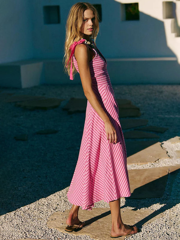 Rose red striped holiday style backless lace-up sexy low-cut V-neck dress-TOPS / DRESSES-[Adult]-[Female]-2022 Online Blue Zone Planet