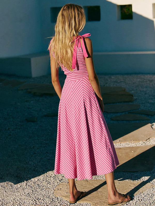Rose red striped holiday style backless lace-up sexy low-cut V-neck dress-TOPS / DRESSES-[Adult]-[Female]-2022 Online Blue Zone Planet