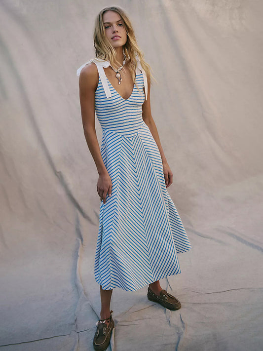 Light blue striped holiday style backless lace-up sexy low-cut V-neck dress-TOPS / DRESSES-[Adult]-[Female]-Clear blue-S-2022 Online Blue Zone Planet