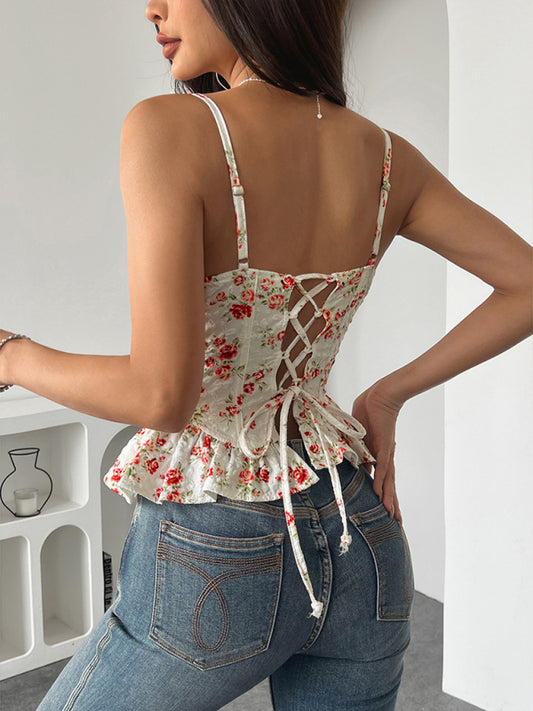 Floral irregular ruffled light sexy backless lace-up top-[Adult]-[Female]-2022 Online Blue Zone Planet