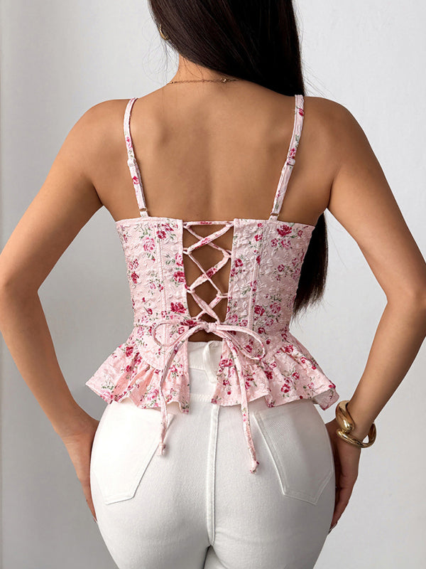 Pink floral irregular ruffled light sexy backless lace-up top-[Adult]-[Female]-2022 Online Blue Zone Planet