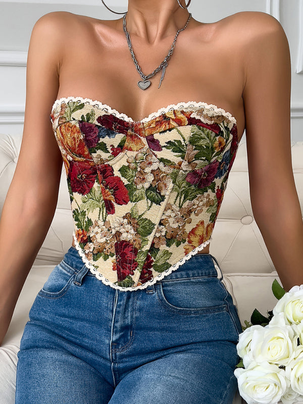 Street retro flower print chest wrap lace lace French niche fishbone small vest-[Adult]-[Female]-Pattern-S-2022 Online Blue Zone Planet