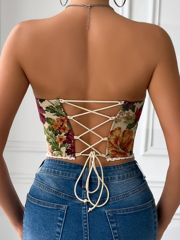 Street retro flower print chest wrap lace lace French niche fishbone small vest-[Adult]-[Female]-2022 Online Blue Zone Planet