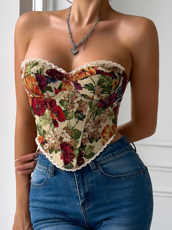 Street retro flower print chest wrap lace lace French niche fishbone small vest-[Adult]-[Female]-2022 Online Blue Zone Planet