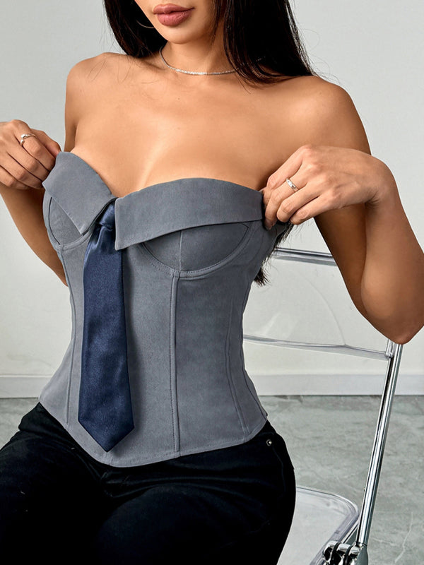 Hot Girl Wrap Tie Solid Color Vest-[Adult]-[Female]-Grey-S-2022 Online Blue Zone Planet