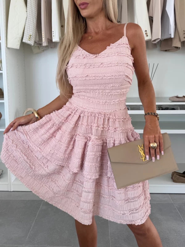 Solid color ruffle sexy suspender lace dress-TOPS / DRESSES-[Adult]-[Female]-Pink-S-2022 Online Blue Zone Planet