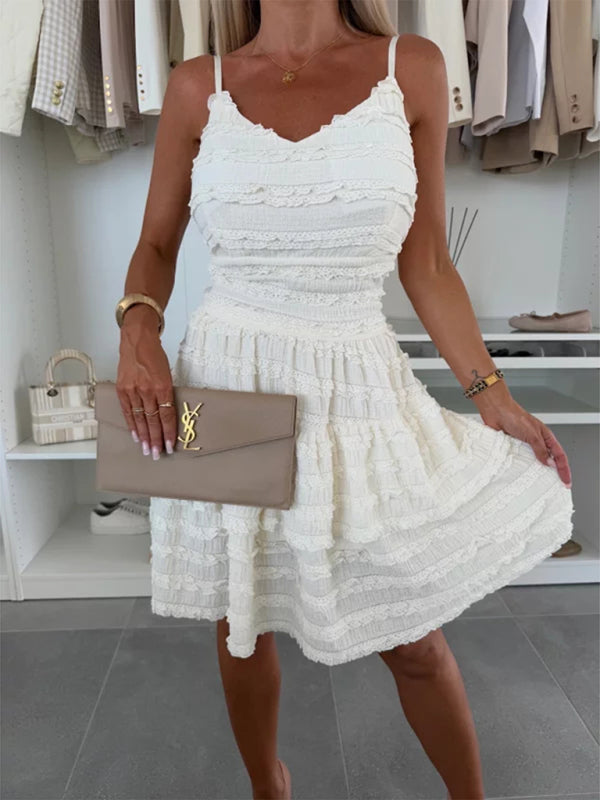 Solid color ruffle sexy suspender lace dress-TOPS / DRESSES-[Adult]-[Female]-White-S-2022 Online Blue Zone Planet